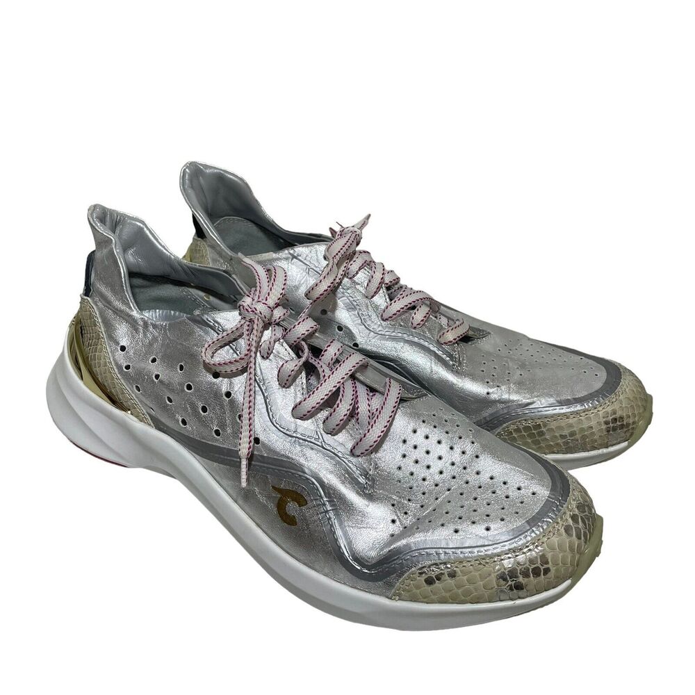 Courser Uno Sneakers Womens Size 11 Silver Metallic Leather Lace Up Snake Print